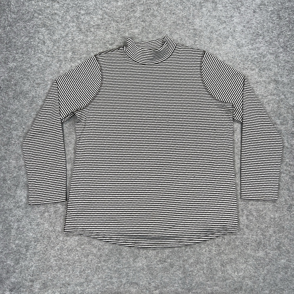 Chicos Sweater Womens 12 14 Black Striped Mock Neck Pullover Lightweight Casual